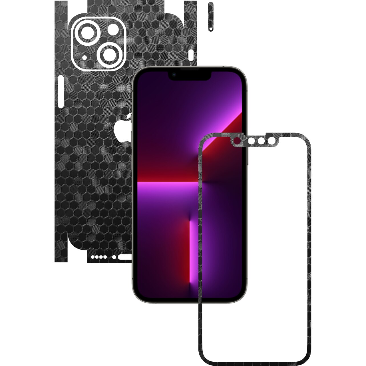 Folie Protectie Carbon Skinz pentru Apple iPhone 13 Mini - Honeycomb Negru Black 360 Cut, Skin Adeziv Full Body Cover pentru Rama Ecran, Carcasa Spate si Laterale