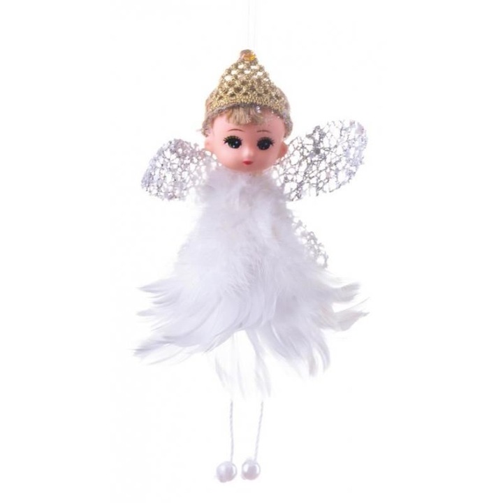 Karácsonyi dísz, pelyhes tündér, fehér, 10x7x11 cm