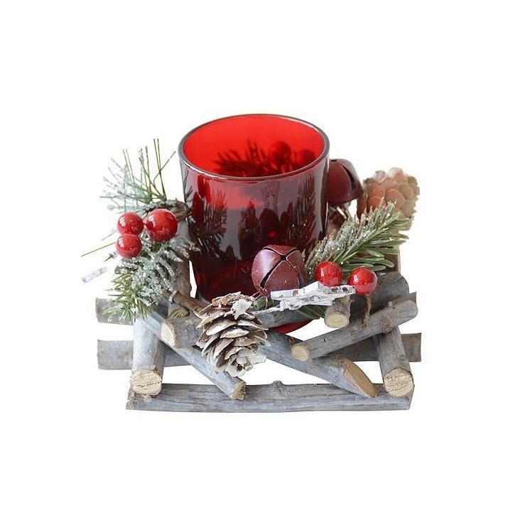 Suport lumanare, sfesnic, conuri si lemne, rosu, 12x12x8 cm