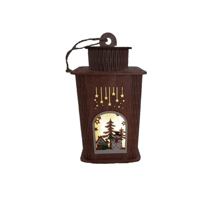 Decoratiune Craciun felinar cu lumini, din lemn