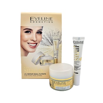 Pachet Eveline, Crema de fata 50 ml, Crema ochi 20 ml, Efect de Lifting Anti-Aging cu Mucus de Melc si Peptid Pachet Eveline, Crema de fata 50 ml, Crema ochi 20 ml, Efect de Lifting Anti-Aging cu Mucus de Melc si Peptid