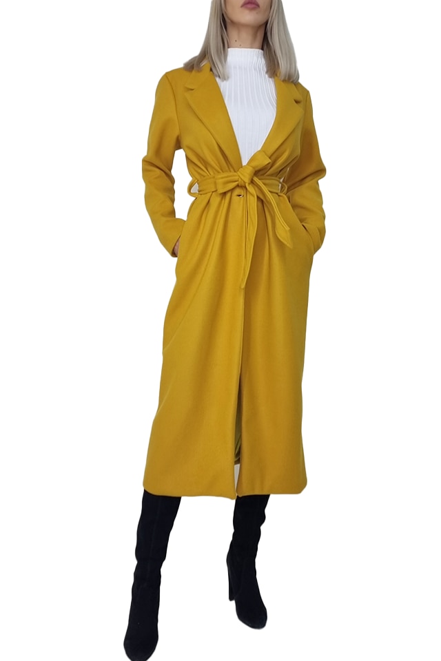 Palton lung Melanda, material gros si cordon detasabil, Mustar, S-M-L