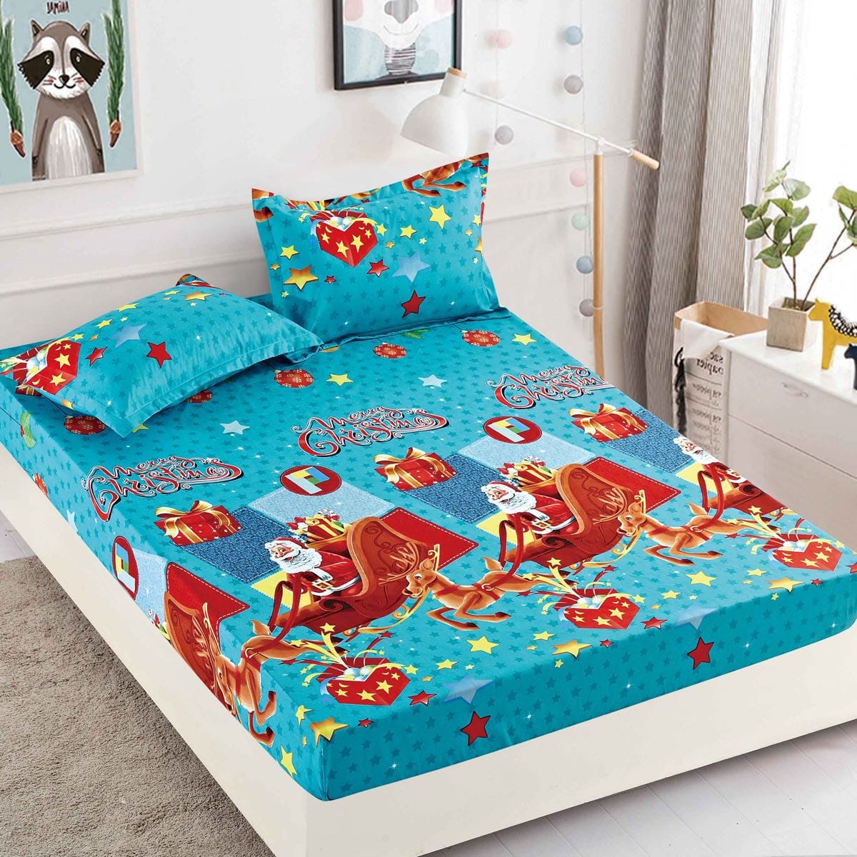 Set husa de pat cu elastic si 2 fete de perna, pentru pat dublu, Bumbac Finet, Mos Craciun de Sarbatori