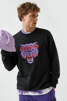 KOTON, Bluza sport cu decolteu la baza gatului si imprimeu, Negru, S KOTON, Bluza sport cu decolteu la baza gatului si imprimeu, Negru, S