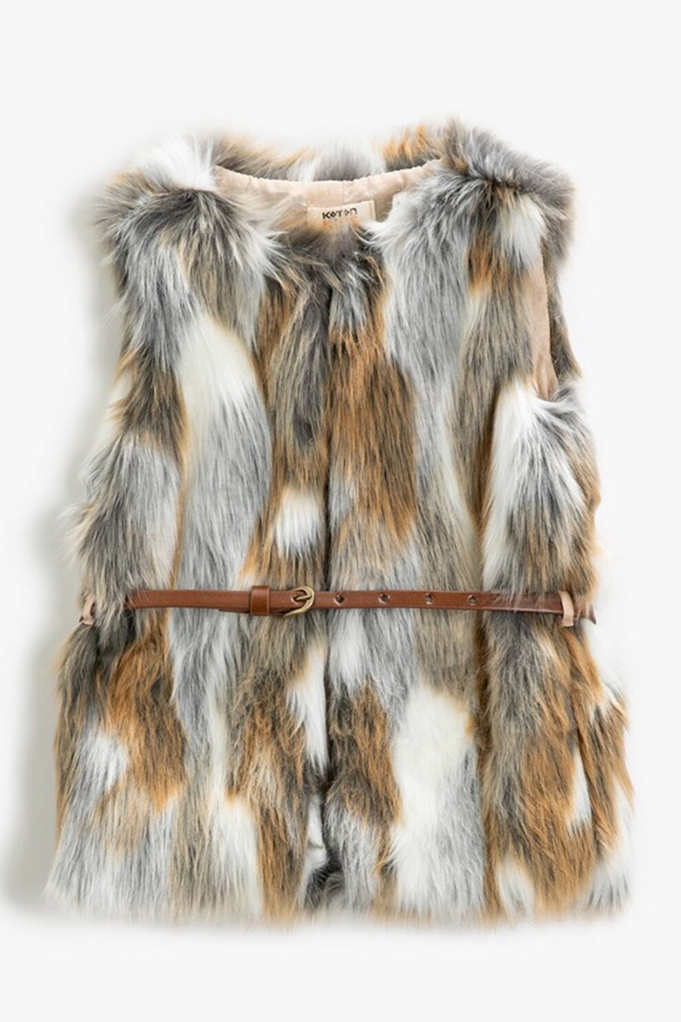 KOTON, Vesta din blana sintetica cu o curea detasabila in talie, Gri/Alb/Galben