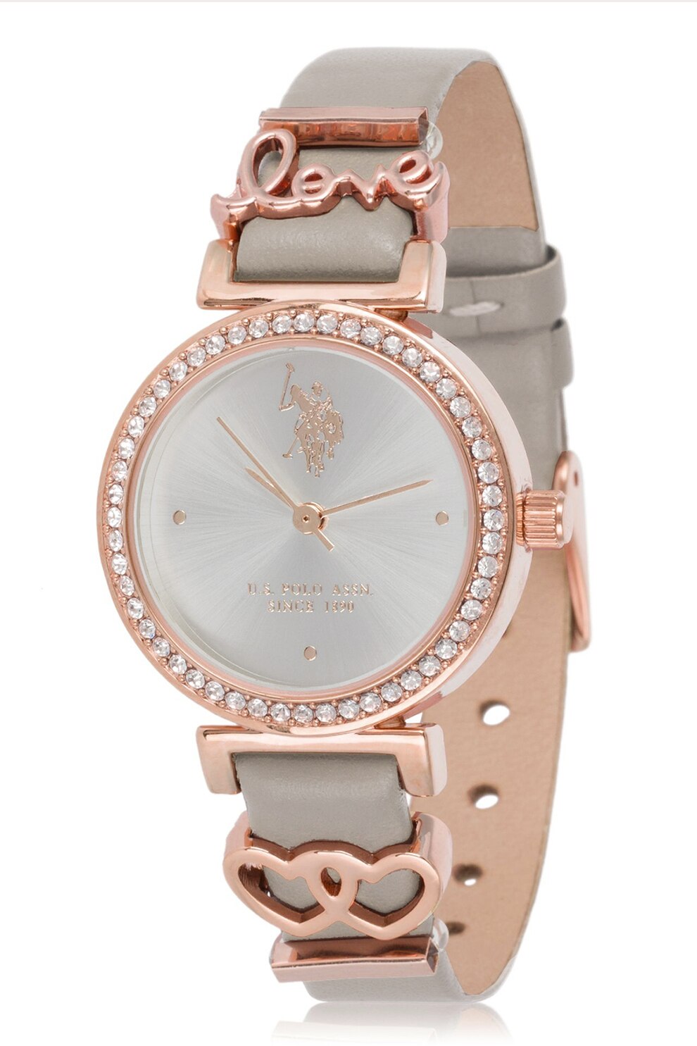 U.S. Polo Assn., Ceas din otel inoxidabil cu cristale zirconia, Gri deschis/Auriu rose