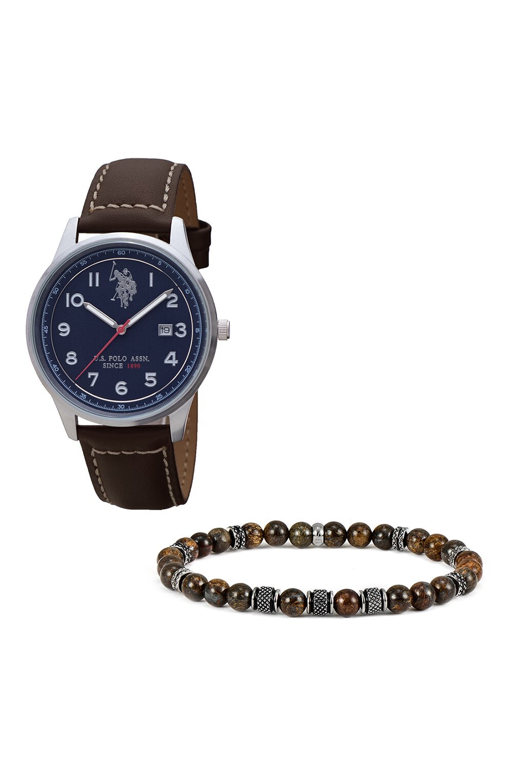 U.S. Polo Assn., Set de ceas quartz si bratara cu margele, Maro
