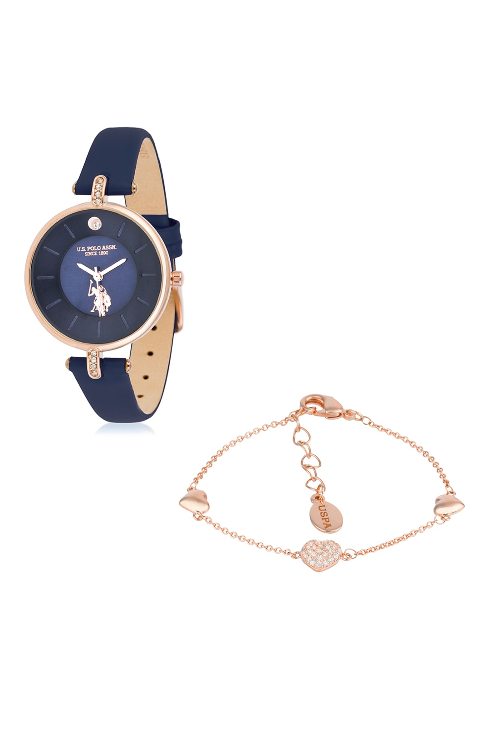U.S. Polo Assn., Set de ceas din otel inoxidabil si bratara ajustabila, Bleumarin/Auriu