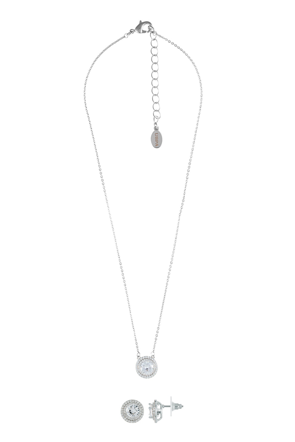 U.S. Polo Assn., Set de cercei si colier ajustabil placat cu rodiu