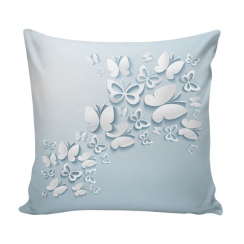 Perna decor, alb / albastru, poliester plus fibra poliester siliconizata, cu print fluturi, 43 x 43 cm Perna decor, alb / albastru, poliester plus fibra poliester siliconizata, cu print fluturi, 43 x 43 cm
