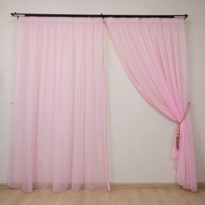 Set 2 Perdele voal Hiko Ana roz cu pom pom 2x300x245, cu rejansa