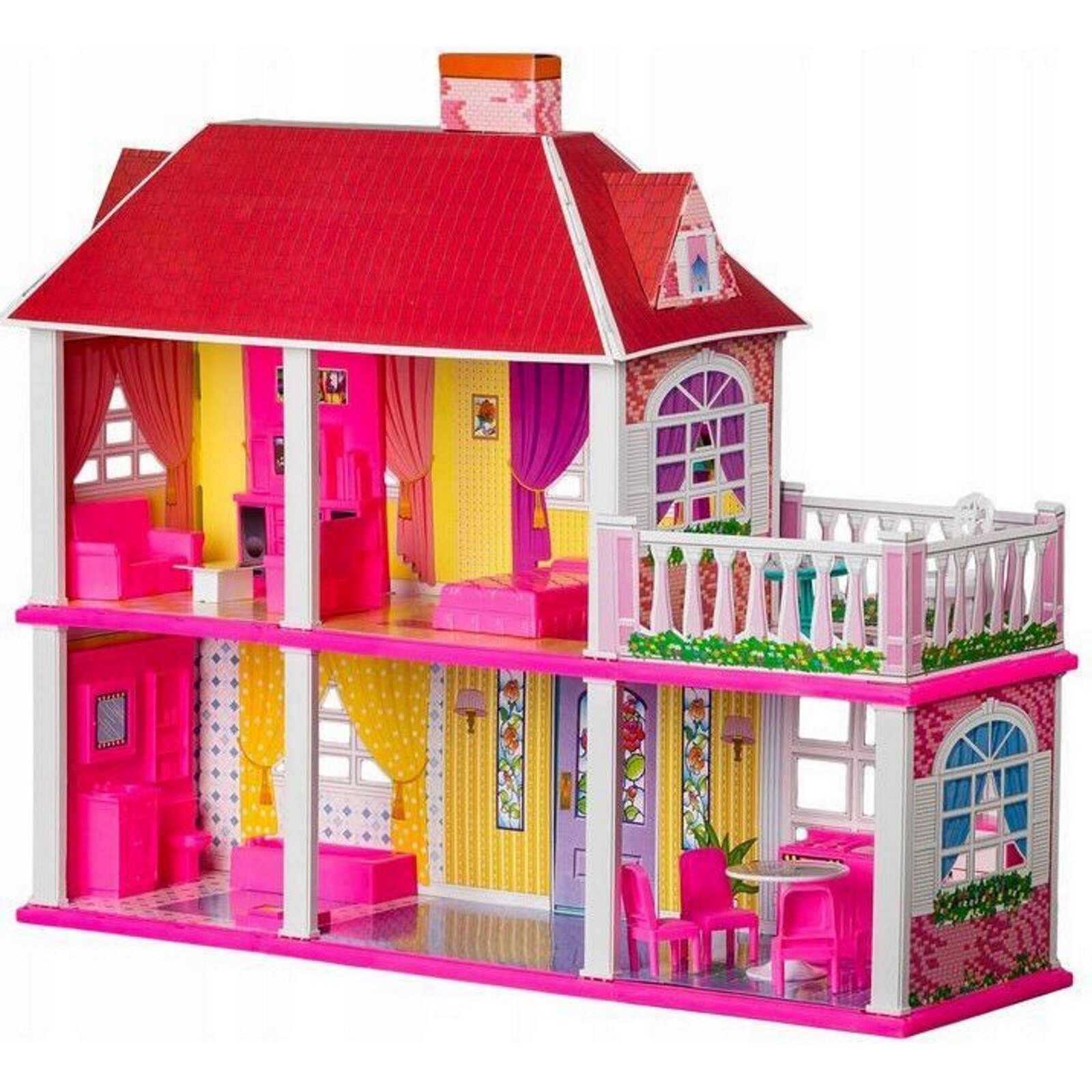 Casuta de papusi cu mobilier si terasa idealSTORE Paradis DOLL VILLA, 70 de cm Inaltime, Dezvolta Imaginatia si Creativitatea