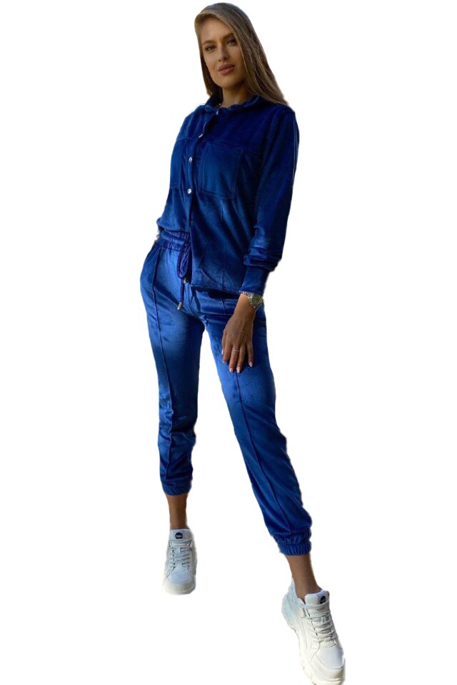 Compleu de catifea Aurora, pantaloni si camasa, Albastru, S-M