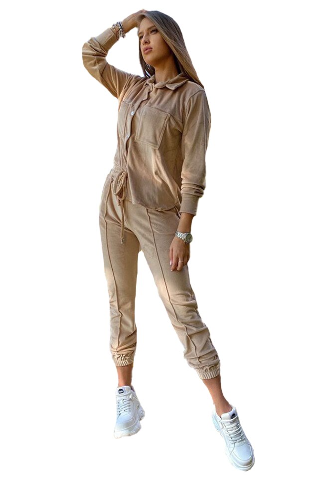 Compleu de catifea Aurora, pantaloni si camasa, Crem, S-M