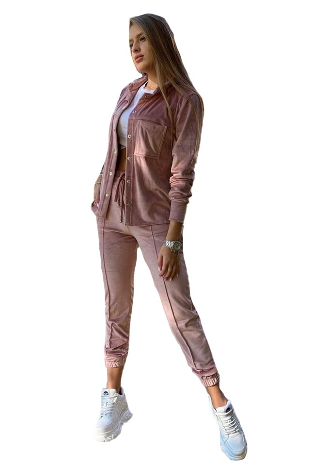 Compleu de catifea Aurora, pantaloni si camasa, Roz, S-M