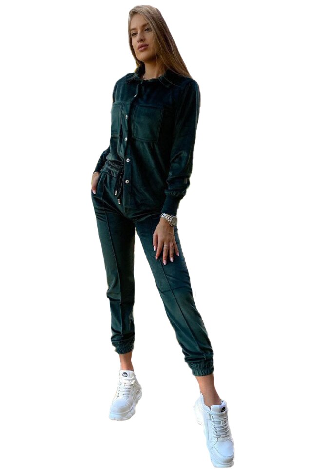 Compleu de catifea Aurora, pantaloni si camasa, Verde smarald, S-M