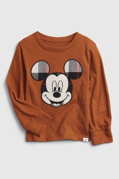 GAP - Блуза с овално деколте и шарка Mickey-Mouse, Канела / Черен