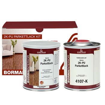 Set pentru finisarea parchetului cu lac de parchet bicomponent, Borma Wachs, 2K-PU PARKETTLACK KIT, 2L, mat Set pentru finisarea parchetului cu lac de parchet bicomponent, Borma Wachs, 2K-PU PARKETTLACK KIT, 2L, mat