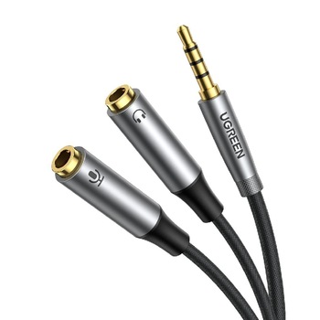 Cablu audio, UGREEN, AV170, 2 x jack 3,5 mama la jack 3,5 mm tata, Placat cu aur 24K, Lungime 20 cm, Negru/Argintiu, Tip snur acoperit cu nailon Cablu audio, UGREEN, AV170, 2 x jack 3,5 mama la jack 3,5 mm tata, Placat cu aur 24K, Lungime 20 cm, Negru/Argintiu, Tip snur acoperit cu nailon