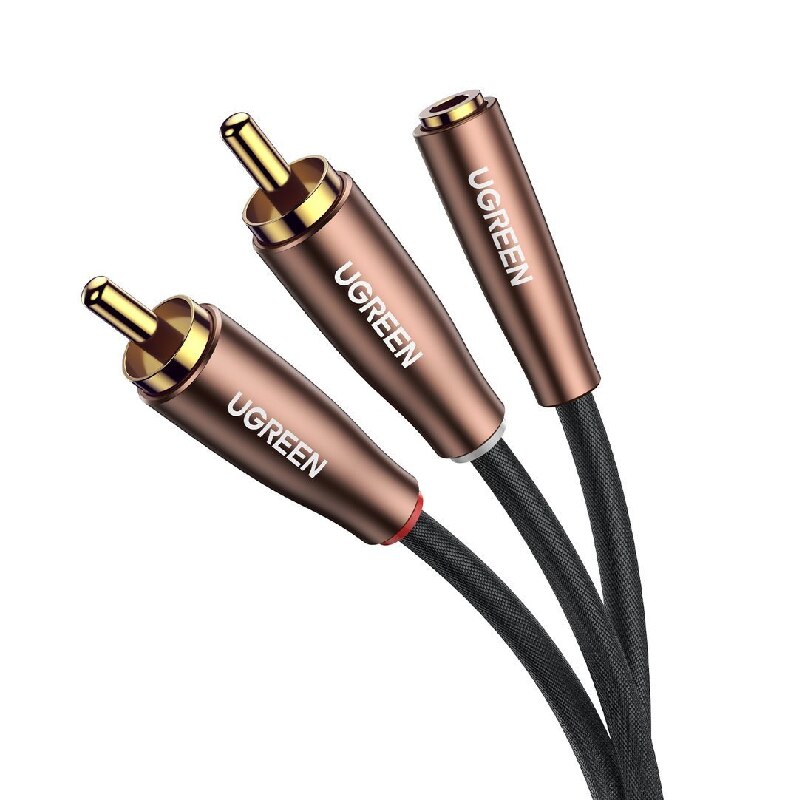 Cablu audio, UGREEN, AV198, 2 x RCA la jack mama 3,5 mm, Conector placat cu aur 24K, Lungime 200 cm, Negru/Bronz, Tip snur acoperit cu nailon