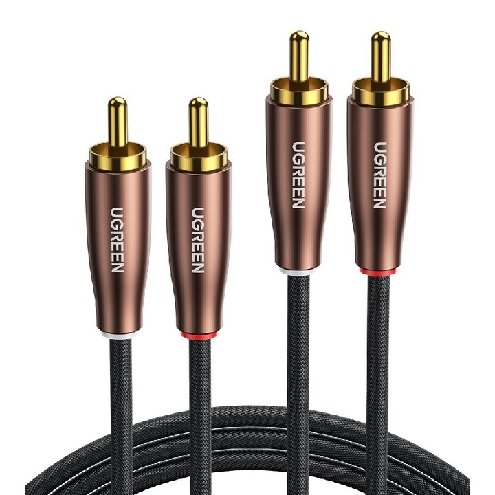 Аудио кабел, UGREEN, AV199, 2 x RCA към 2 x RCA, 24K позлатен конектор, 2 м дължина, черен/бронзов, тип кабел с найлоново покритие