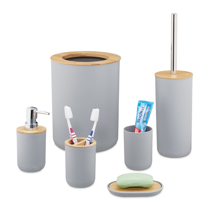 Set accesorii baie Relaxdays, perie wc, cos gunoi, dispenser sapun, suport periute, pahar, suport sapun, Gri
