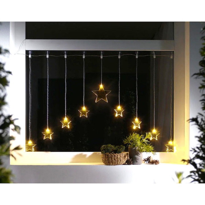 Melinera 120 x 80 cm melegfehér beltéri / kültéri 9 LED-es Csillag fényfüggöny, állófényű karácsonyi fényfüzér 230V