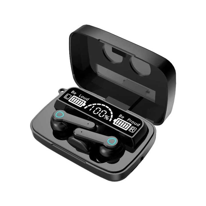 SIKS® vezeték nélküli headset, töltődoboz zseblámpával, Bluetooth kapcsolat, digitális kijelző, fekete