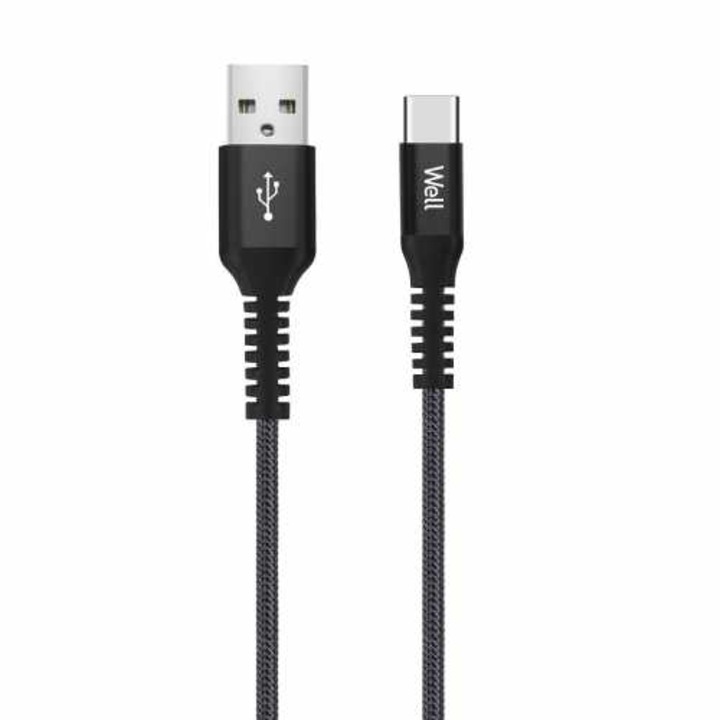 Cablu de date si incarcare USB-C, 1m, 5A, Well, negru