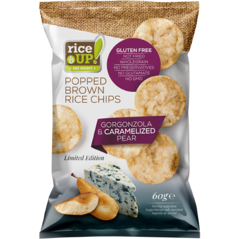 Chips din orez cu gorgonzola si pere caramelizate RiceUP, 60 g Chips din orez cu gorgonzola si pere caramelizate RiceUP, 60 g