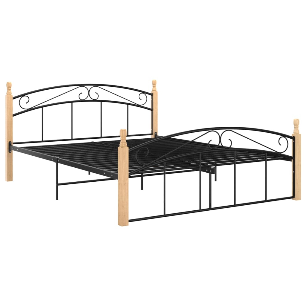 Cadru de pat, Negru/ Maro, 140x200 cm, metal si lemn masiv de stejar 324928