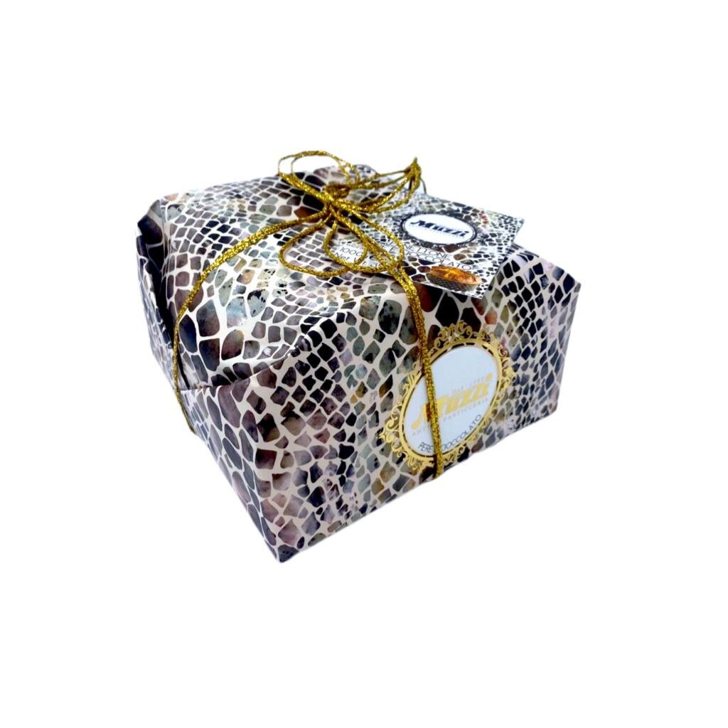 Panettone artizanal cu pere si ciocolata , impachetat manual in ambalaj cu motive animaliere, Muzzi Antica Pasticceria, 1000 gr