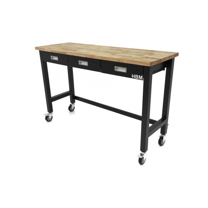 Banc de lucru, HBM, cu 3 sertare, blat de lemn, 152 cm