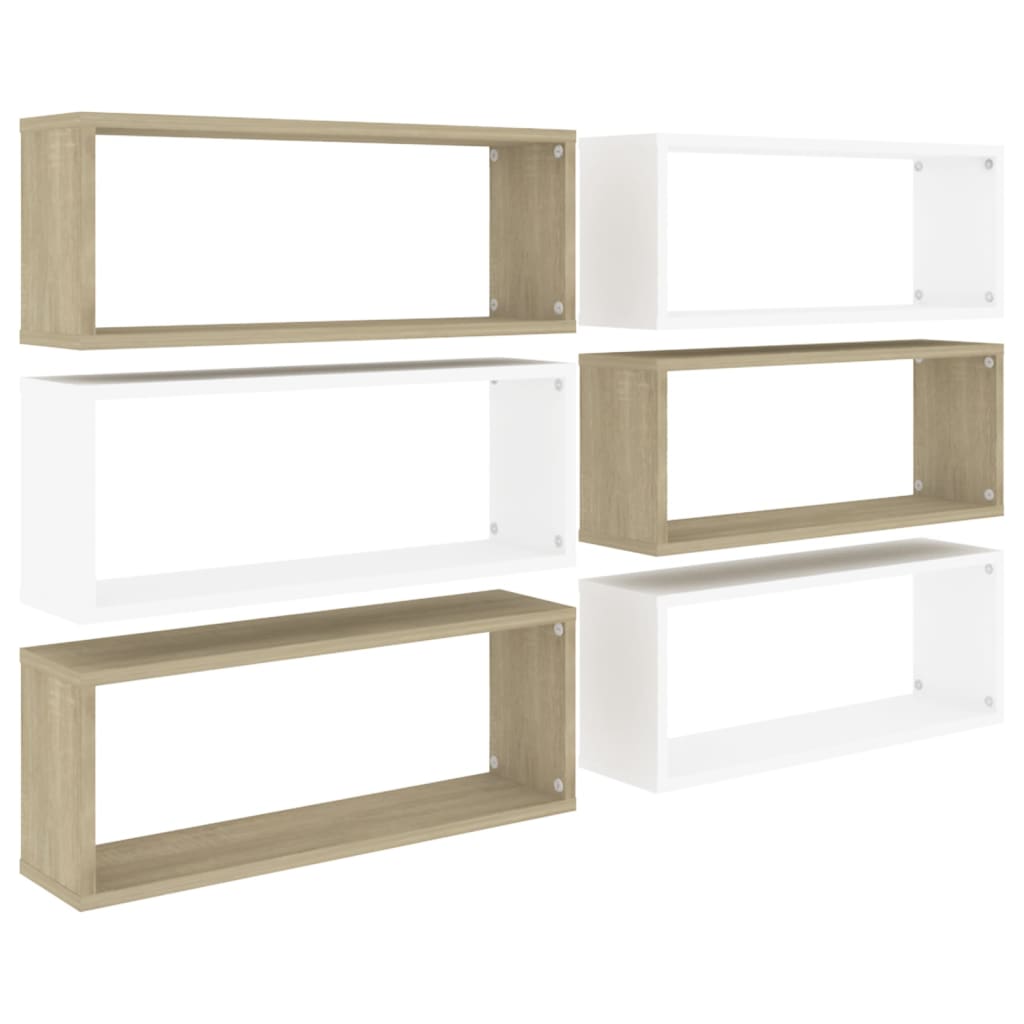 Set rafturi de perete cub 6 buc alb/stejar sonoma 60x15x23 cm PAL 807150