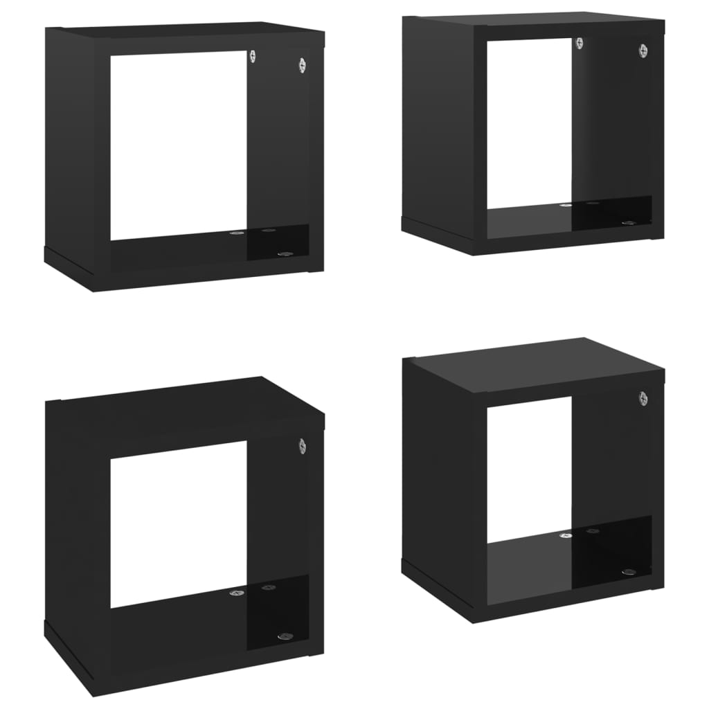 Set rafturi de perete cub 4 piese negru extralucios 22x15x22 cm PAL 807074