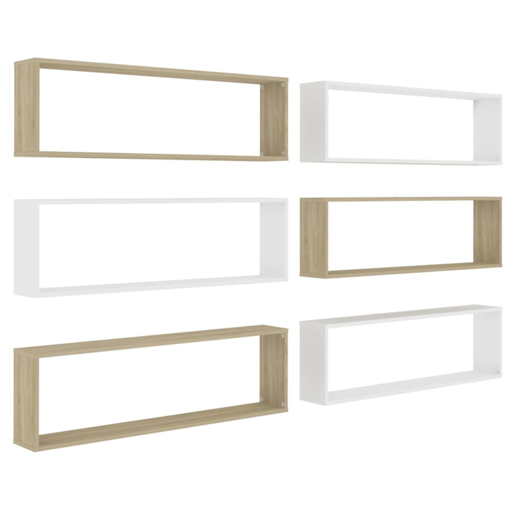 Set rafturi de perete cub 6 buc alb/stejar sonoma 100x15x30cm PAL 807096