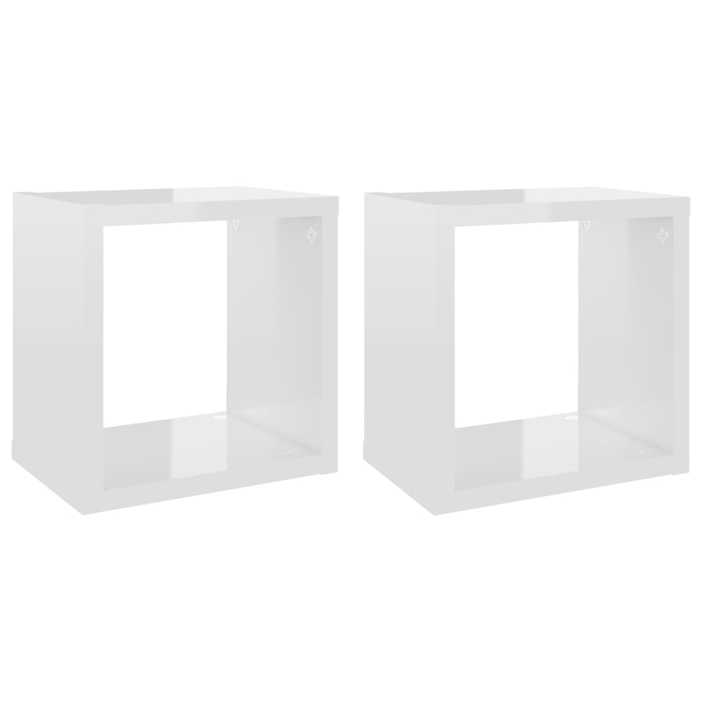 Set rafturi de perete cub 2 piese alb extralucios 22x15x22 cm PAL 807070
