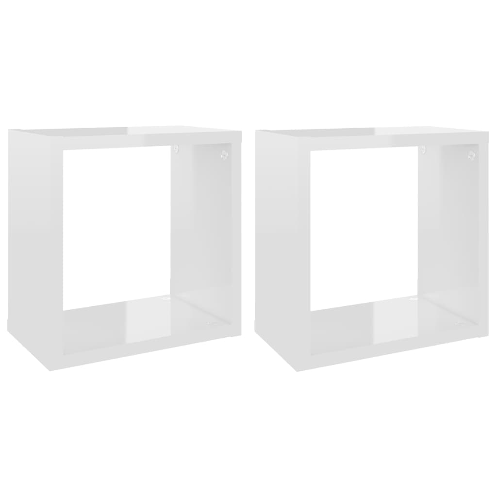 Set rafturi de perete cub, 2 buc alb extralucios, 26x15x26 cm 807043