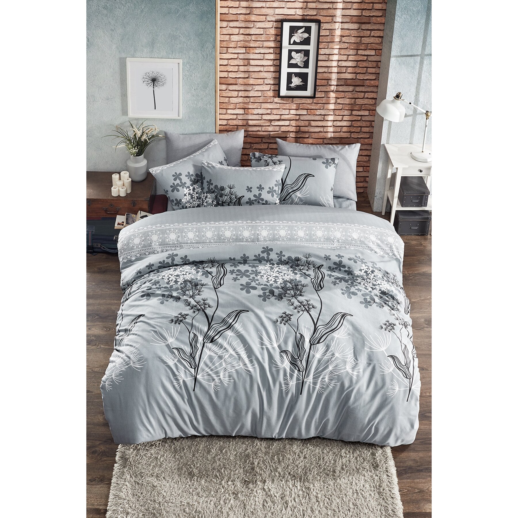 Set Lenjerie de pat, 65% Bumbac, 35% Poliester, Love Flora, Gri, 4piese, 2 persoane