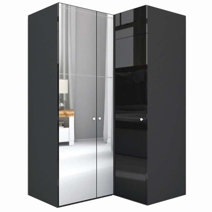 Dulap de Colt Genarom LEX Model B, Negru Lucios O / Oglinda, 145-117 x 218 x 66 cm