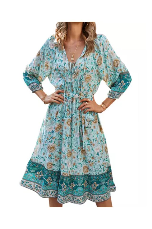 Rochie Dama Midi cu Imprimeu Floral, Turcoaz