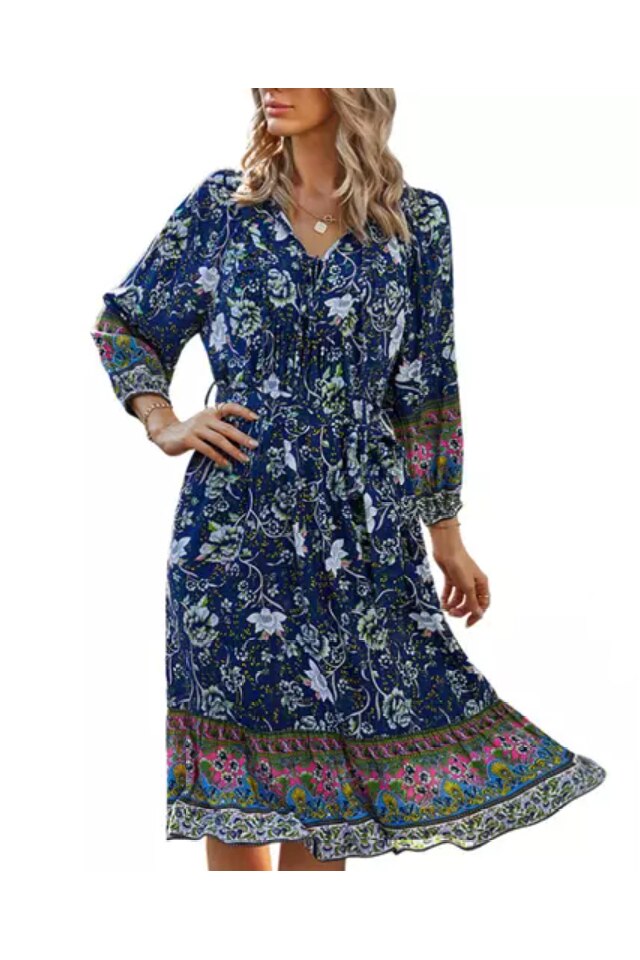 Rochie Dama Midi cu Imprimeu Floral, Albastru