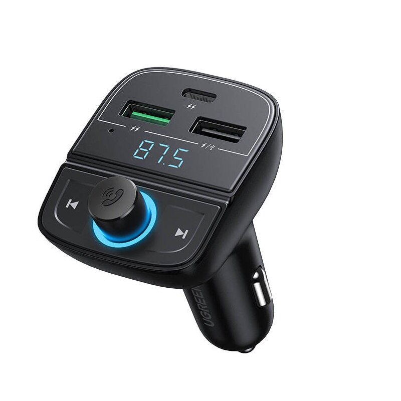 Transmitator FM, UGREEN CD229, Bluetooth 5.0, Quick Charge 3.0, USB C, memorie flash USB si microSD pana la 128 GB, Negru, Raza actiune 5 m