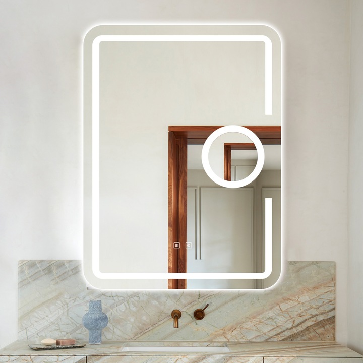 Oglinda LED pentru baie 60 cm X 80 cm, functie dezaburire, cu lupa N15, 3 tipuri de lumina ( rece, calda si neutra)