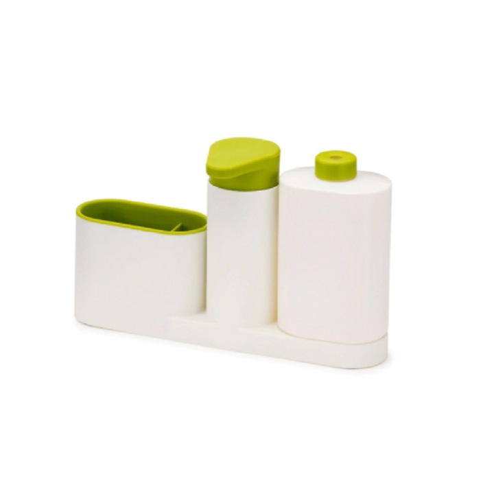 Комплект органайзер за мивка 3 в 1, дозатор за препарат за съдове, течен сапун и поставка за кухненска гъба, бял/зелен