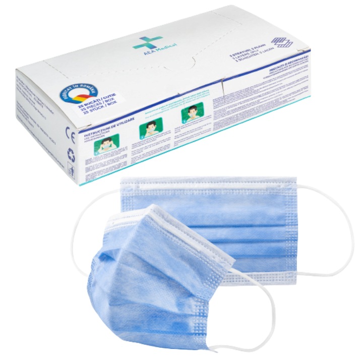 Set 25 bucati pentru copii - Masti faciale Medicale, 3 straturi, TIP II R, culoare albastru, eficienta filtrare > 98%