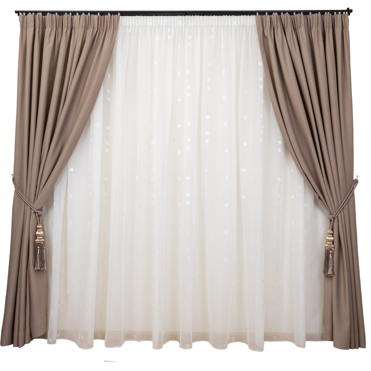 Set Hiko 3 piese, doua draperii BLACK-OUT taupe 2x250x245cm si o Perdea Garden ivoire cu floricele 500x245cm, cu rejansa
