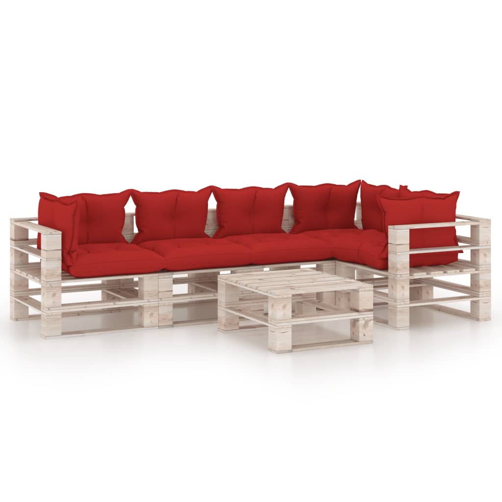 Set mobilier de gradina din paleti cu 6 piese cu 13 perne colorate incluse, vidaXL, Lemn, 70 x 67.5 x 62 cm, Rosu