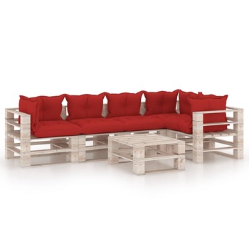 Set mobilier de gradina din paleti cu 6 piese cu 13 perne colorate incluse, vidaXL, Lemn, 70 x 67.5 x 62 cm, Rosu Set mobilier de gradina din paleti cu 6 piese cu 13 perne colorate incluse, vidaXL, Lemn, 70 x 67.5 x 62 cm, Rosu