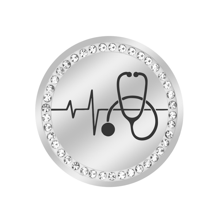 Martisor Brosa Inox Banut Pietre Ritm Cardiac Stetoscop Argintiu